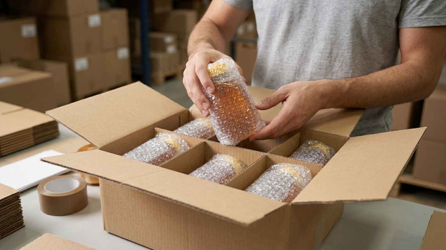 Seorang pira sedang packing madu yang dibubble wrap dan dimasukkan kardus