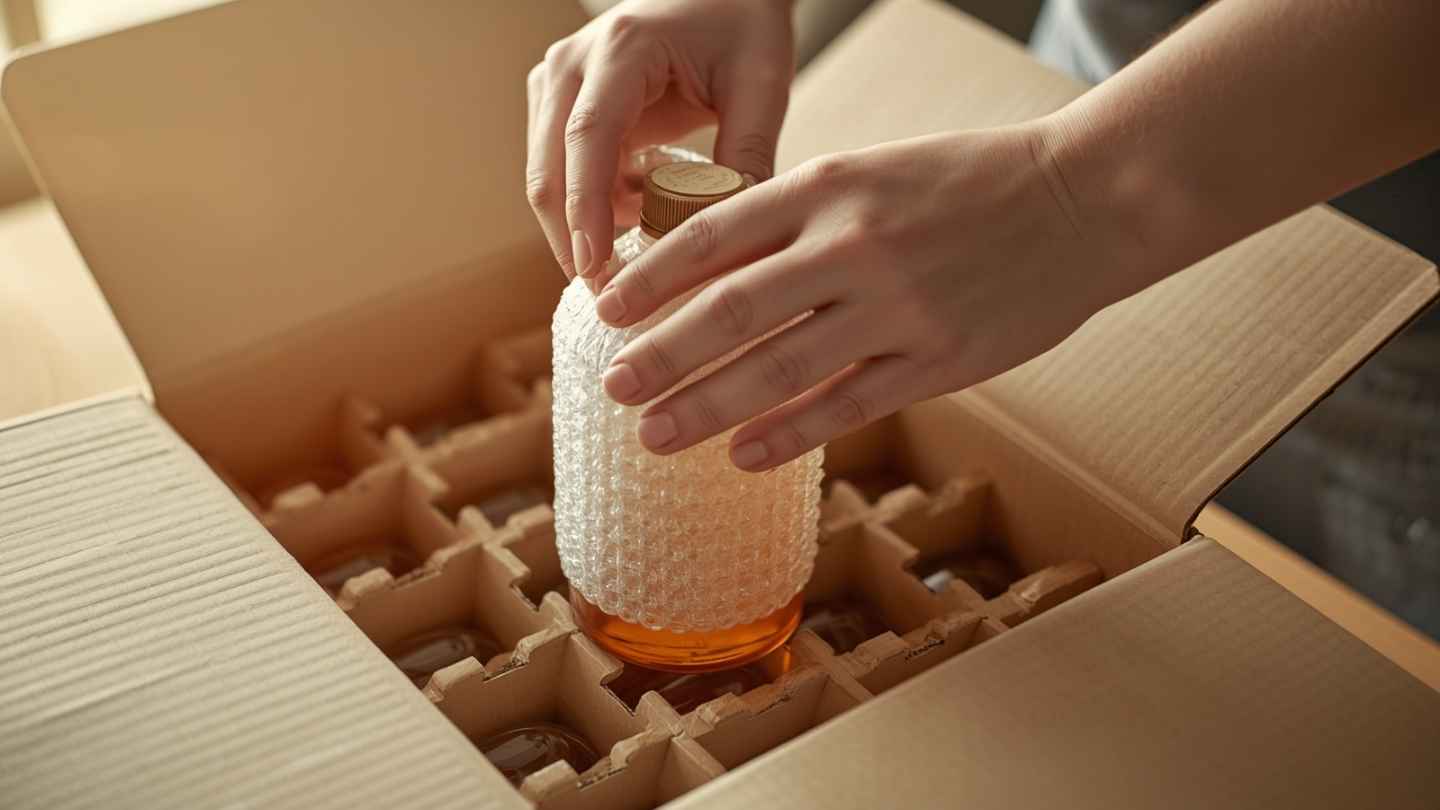 Cara packing madu botol kaca dengan bubble wrap dan sekat kardus untuk pengiriman aman