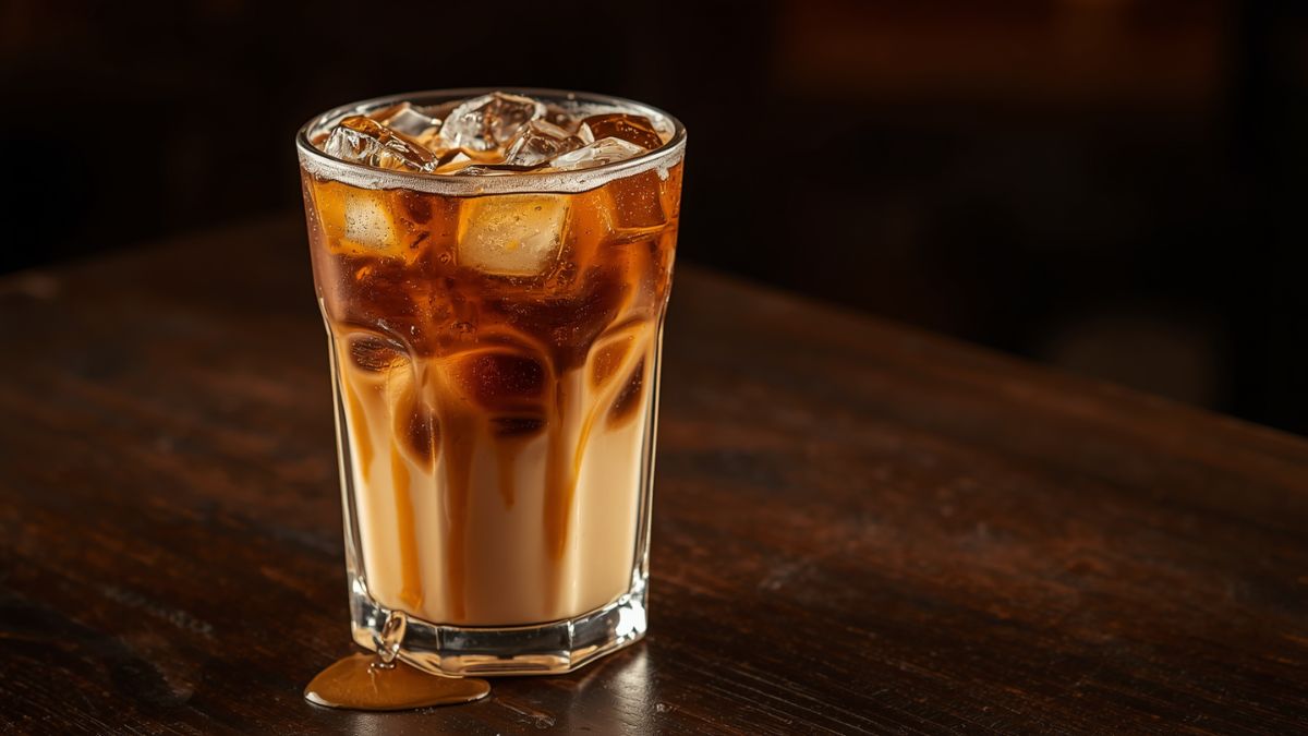 Es kopi madu dengan tetesan madu murni di atas es batu