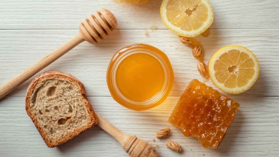 Contoh foto produk flat lay botol madu dikelilingi sarang lebah, sendok kayu, irisan lemon, dan roti gandum di atas meja kayu natural
