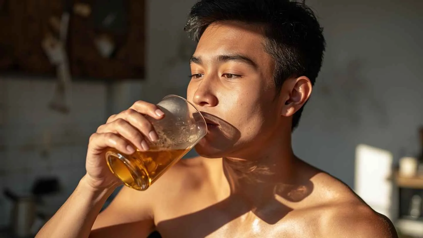 Gambar seorang anak muda indonesia minum air Bawang Putih Bakar campur Madu