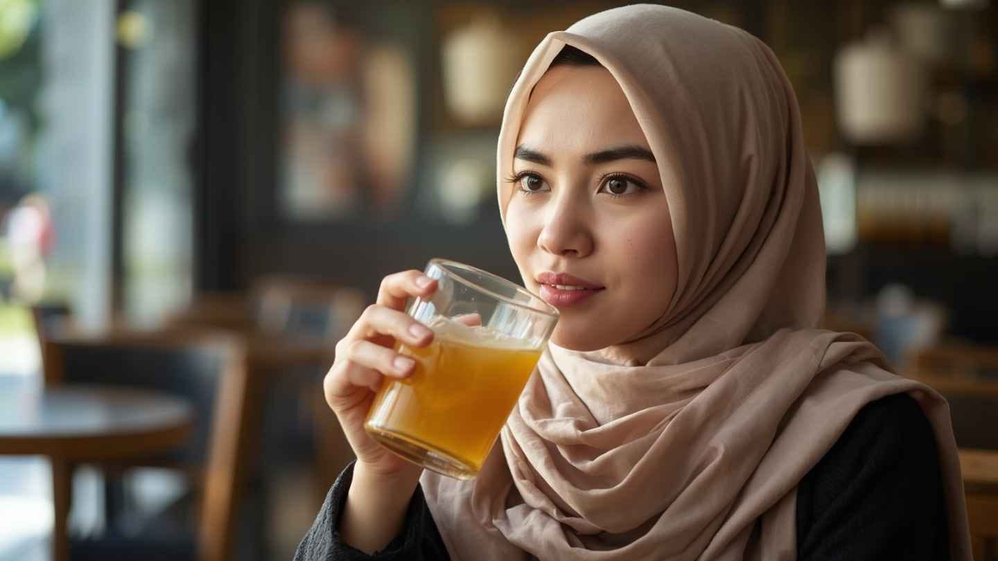 Ilustrasi gambar seorang wanita muda memakai jilbab indonesia akan minum air madu campur kuning telur