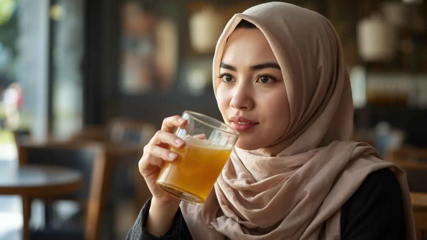 Ilustrasi gambar seorang wanita muda memakai jilbab indonesia akan minum air madu campur kuning telur