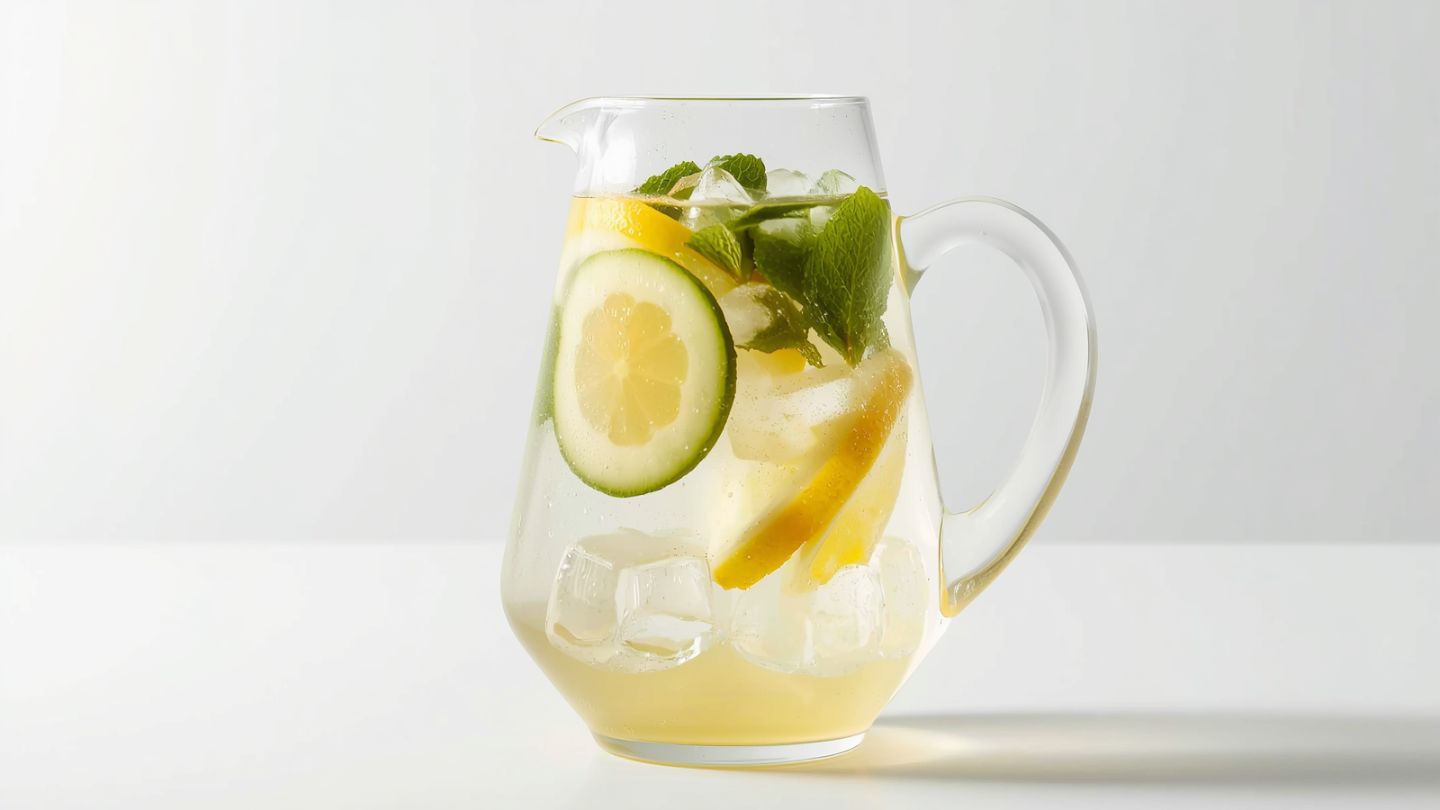 Infused water madu dengan irisan lemon dan mentimun di dalam kendi kaca