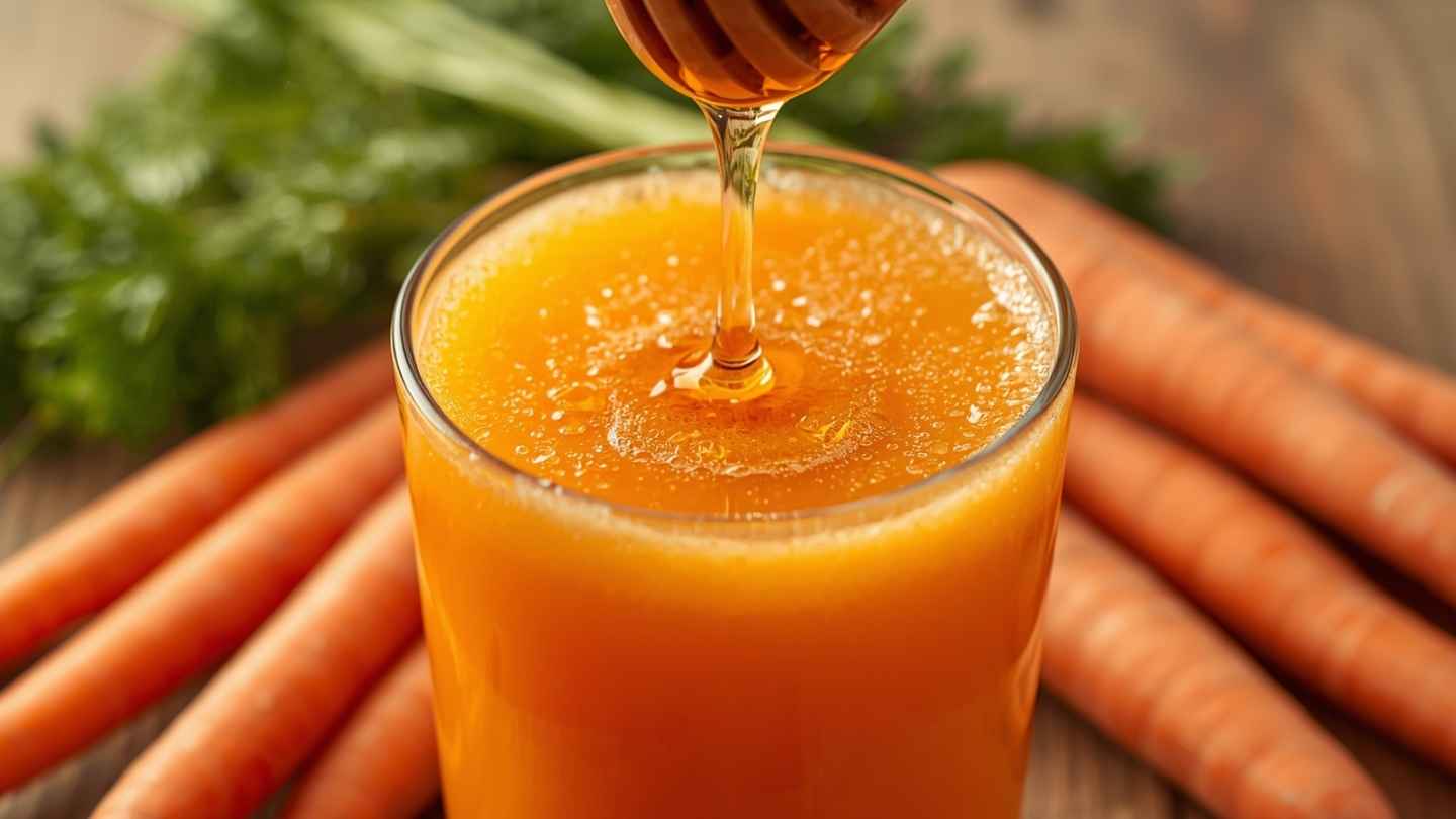 Madu asli dituang ke dalam segelas jus wortel segar sebagai langkah terakhir membuat jus wortel madu