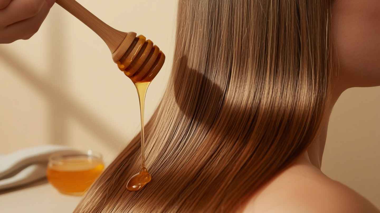 Madu dituangkan ke rambut panjang lurus dan halus sebagai masker alami pelurus rambut