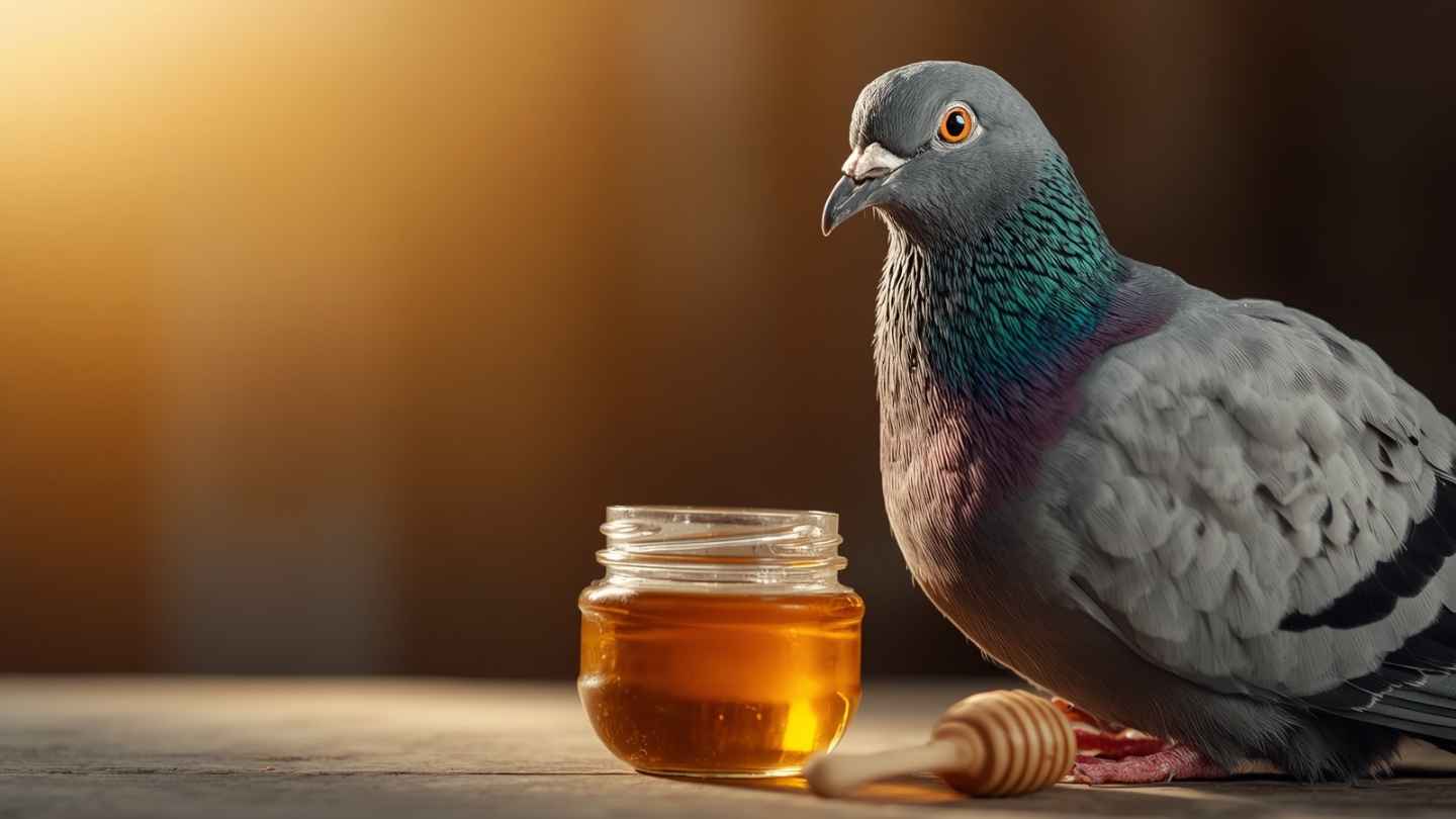 Ilustrasi merpati balap minum madu asli untuk stamina dan giring