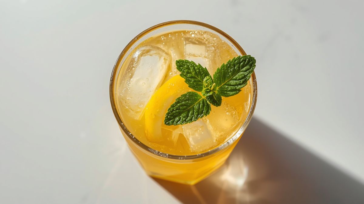 Segelas madu lemon squash dingin dengan es batu dan irisan lemon