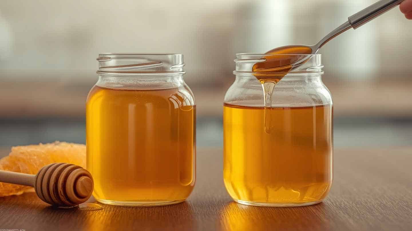 Stoples berisi madu asli dan sirup menyerupai madu sebagai ilustrasi perbedaan kandungan