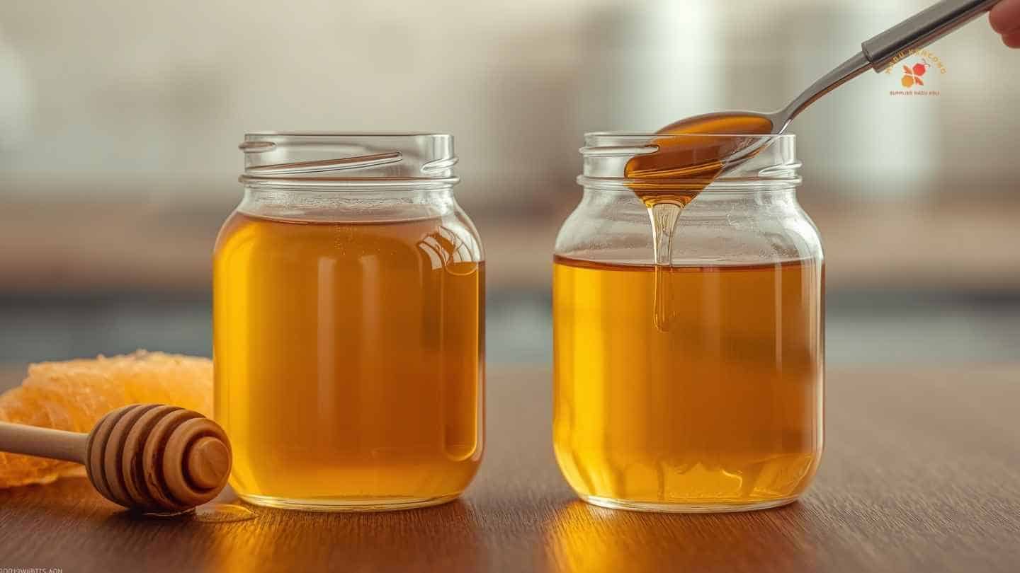 Stoples berisi madu asli dan sirup menyerupai madu sebagai ilustrasi perbedaan kandungan