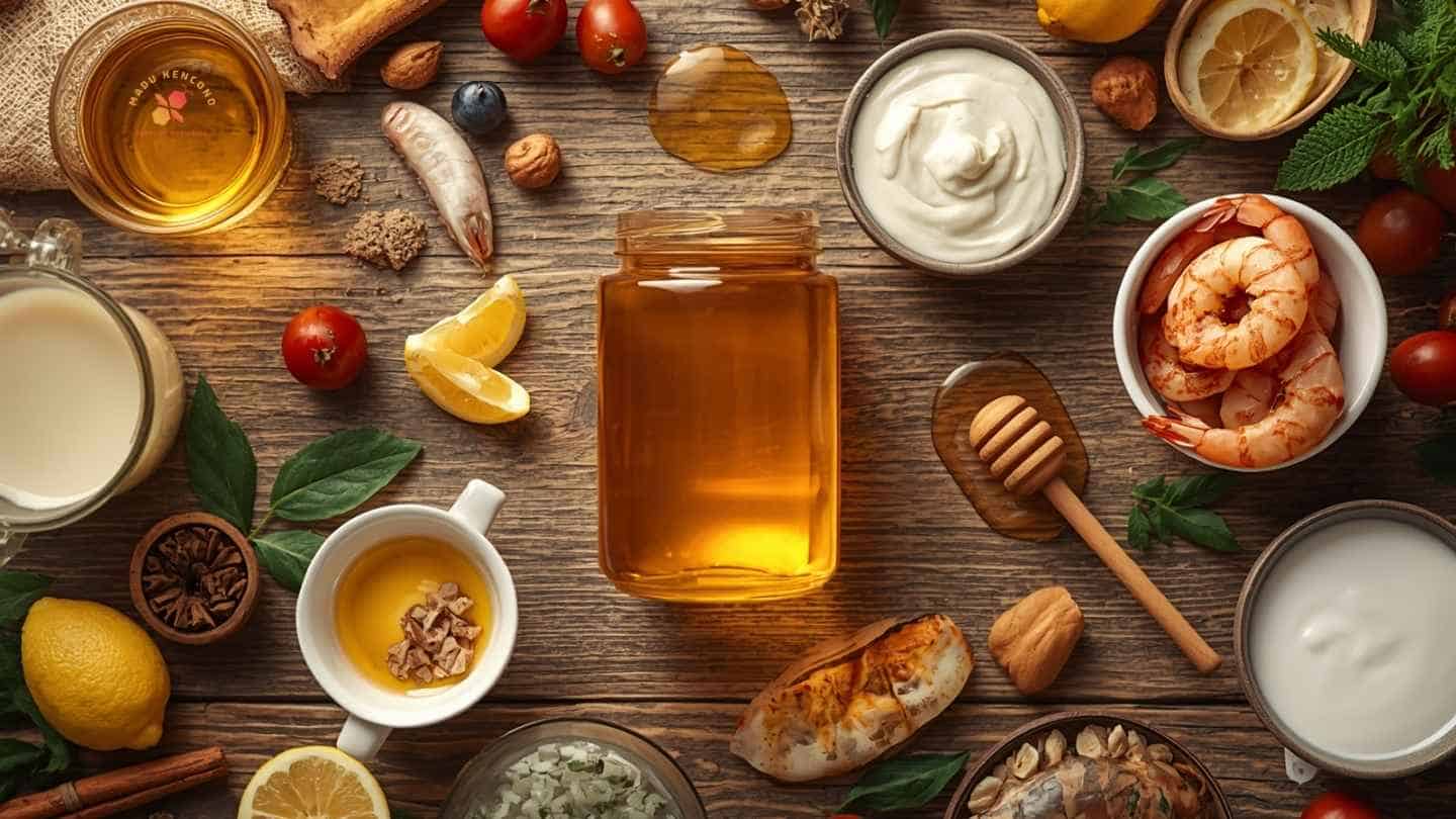 Stoples madu dikelilingi teh, susu, yogurt, lemon, buah, dan makanan lain sebagai ilustrasi pembahasan kombinasi madu dengan berbagai bahan makanan