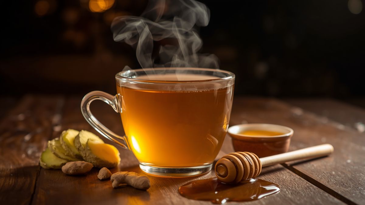 Wedang jahe madu hangat dengan uap panas dan irisan jahe segar