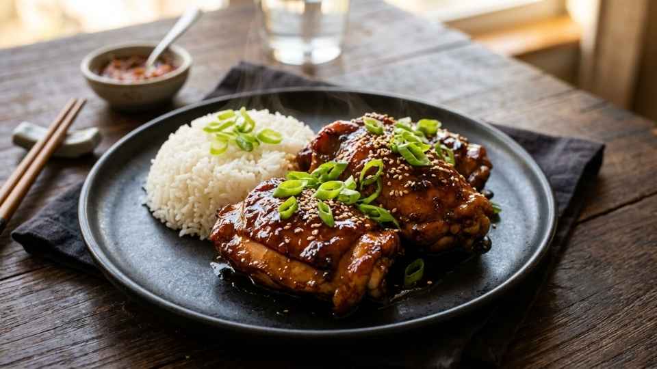 Ayam kecap madu kental disajikan dengan nasi putih hangat