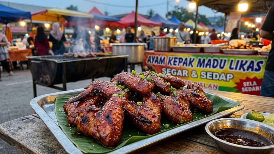 Ayam kepak madu Malaysia dengan warna merah karamel khas bazar Ramadan