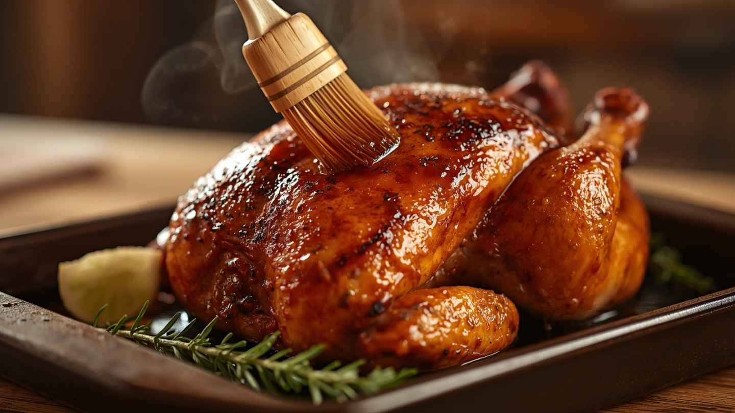 ayam panggang madu utuh dengan kulit karamel mengkilap dioles saus madu
