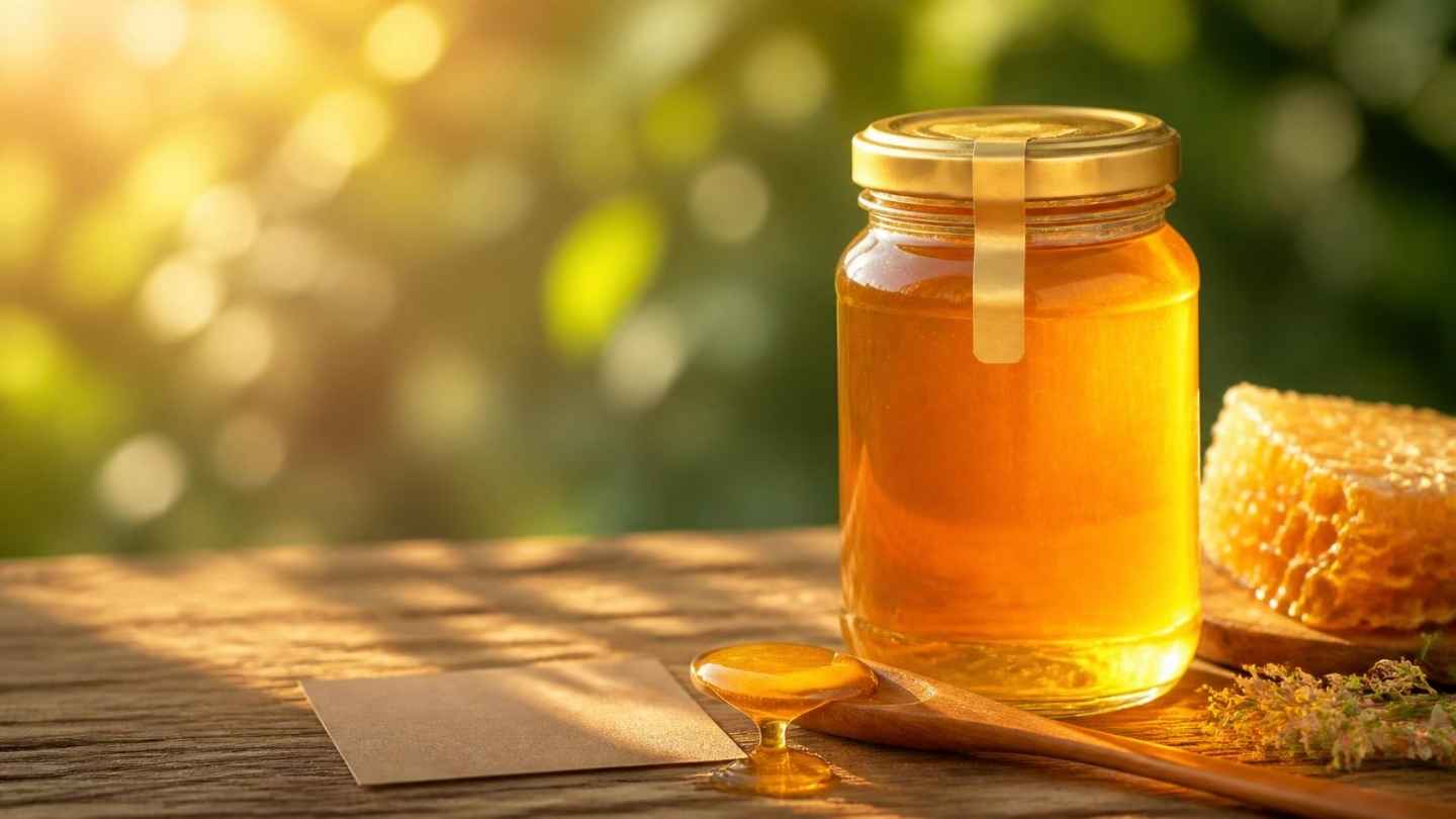Botol kaca berisi madu emas dengan segel pengaman di atas meja kayu, bersama sendok madu dan sarang madu, ilustrasi cara efektif menambah value produk madu