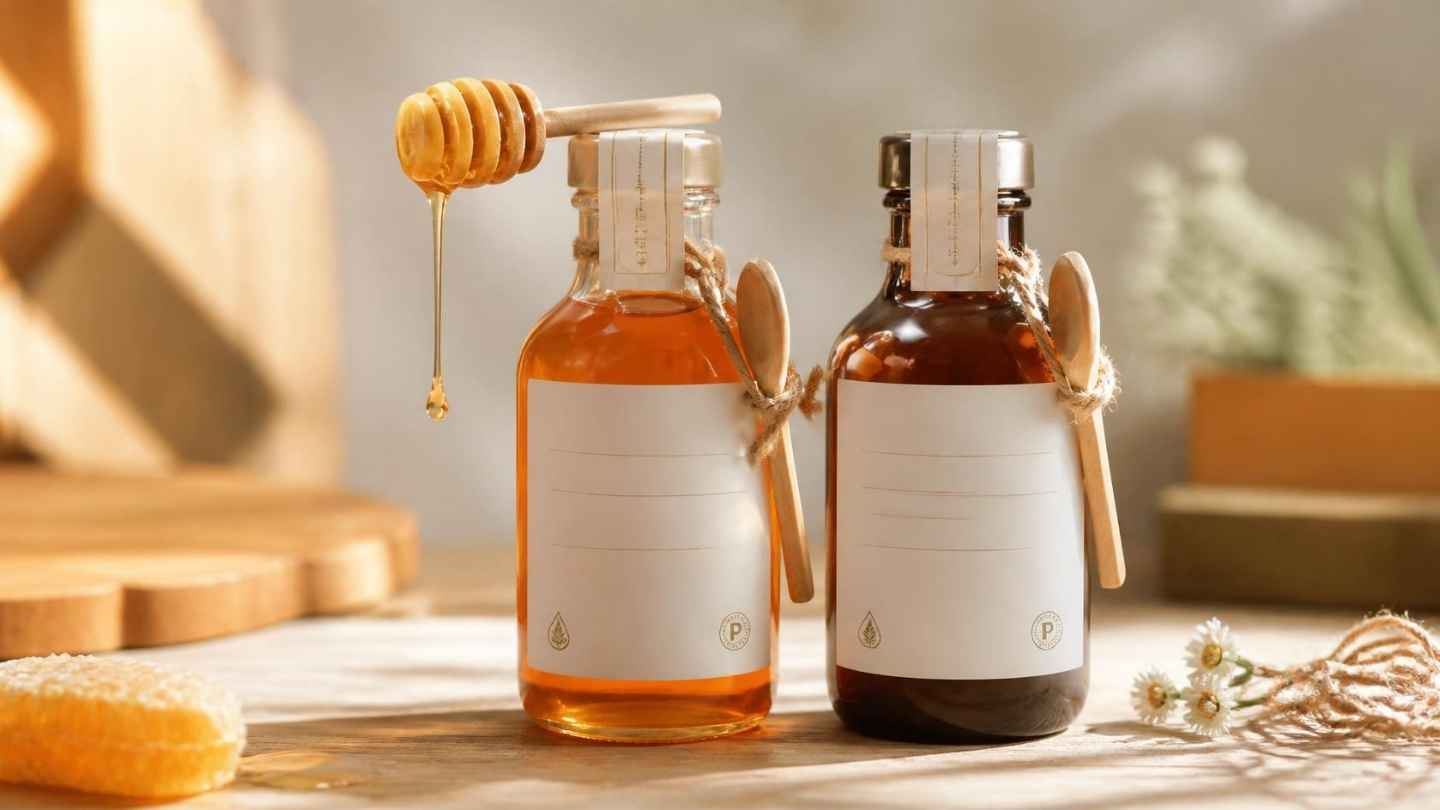 Dua botol kaca madu premium: botol bening madu ambar jernih kental, botol gelap varian kontras, sendok kayu meneteskan madu, label minimalis tanpa tulisan baca, badge Halal/PT, segel utuh, cahaya alami menonjokkan tekstur madu
