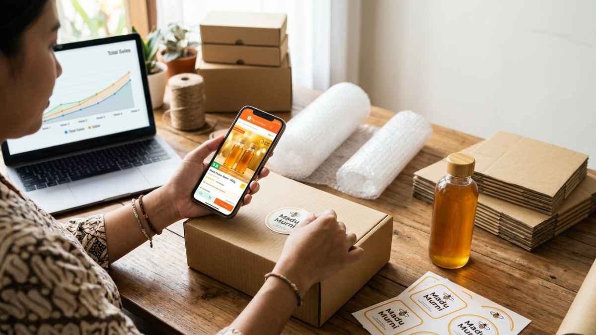 Reseller packing pesanan madu untuk dikirim setelah closing di marketplace
