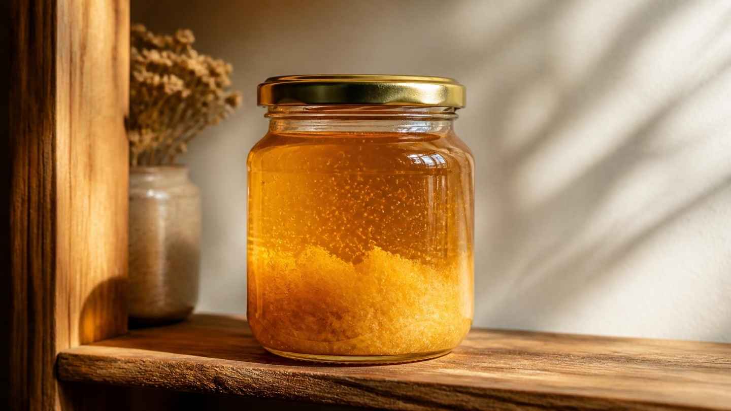 Botol kaca madu asli dengan tutup menggembung dan madu mengkristal mengeluarkan gelembung gas di rak kayu