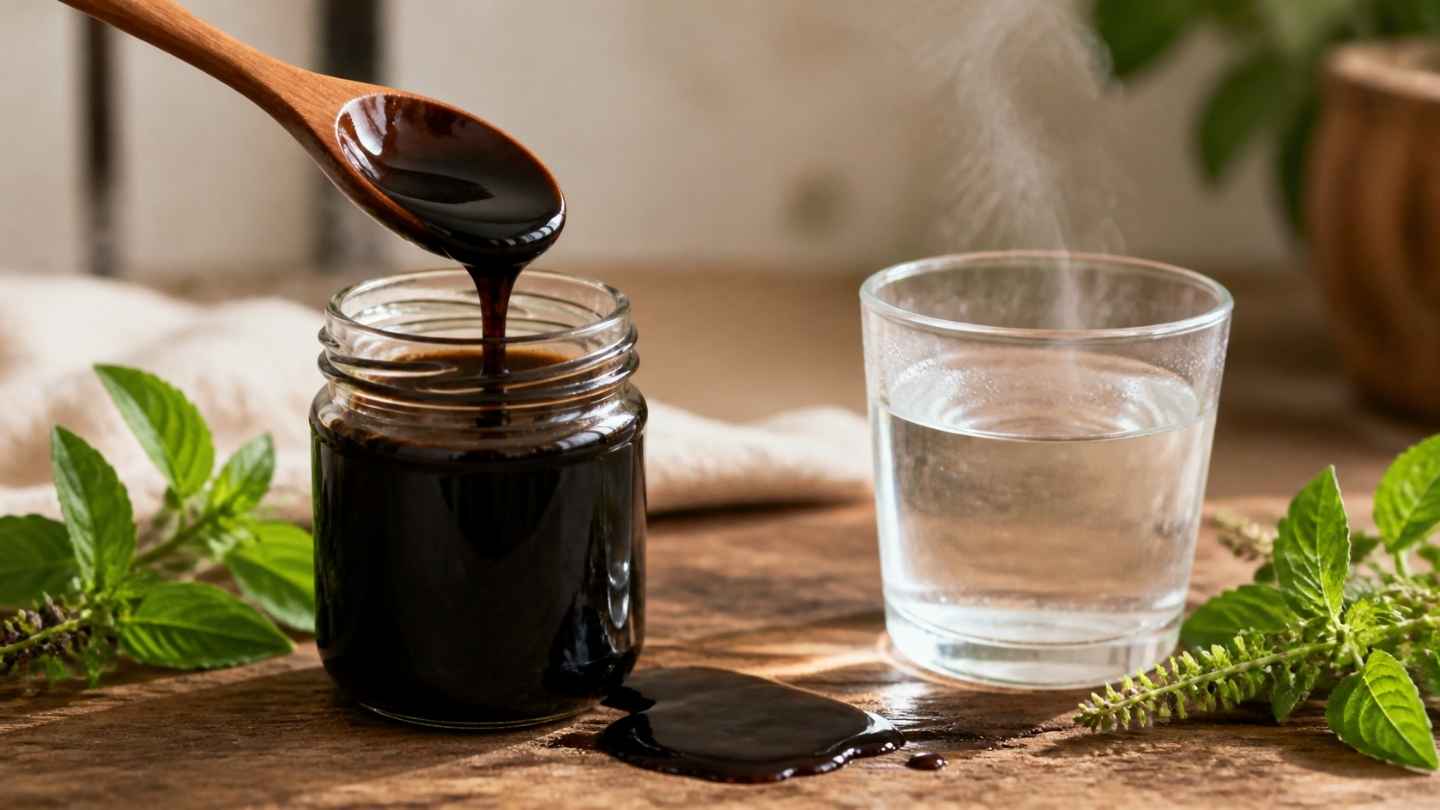 Toples kaca polos berisi madu hitam pekat tanpa merek dan sendok kayu di atas meja kayu, ilustrasi cara minum madu hitam pahit.