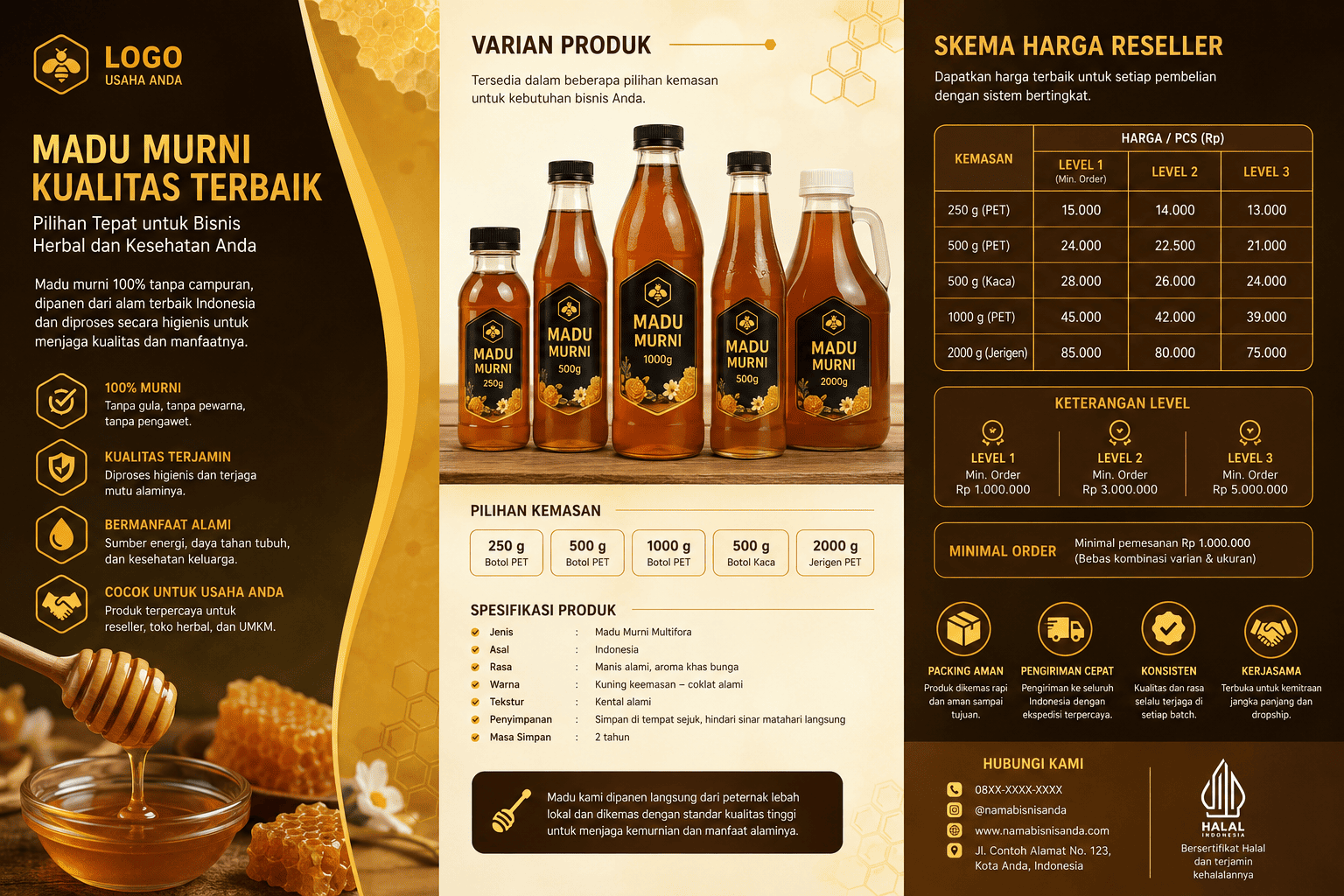 contoh brosur madu untuk reseller dan UMKM dengan skema harga bertingkat