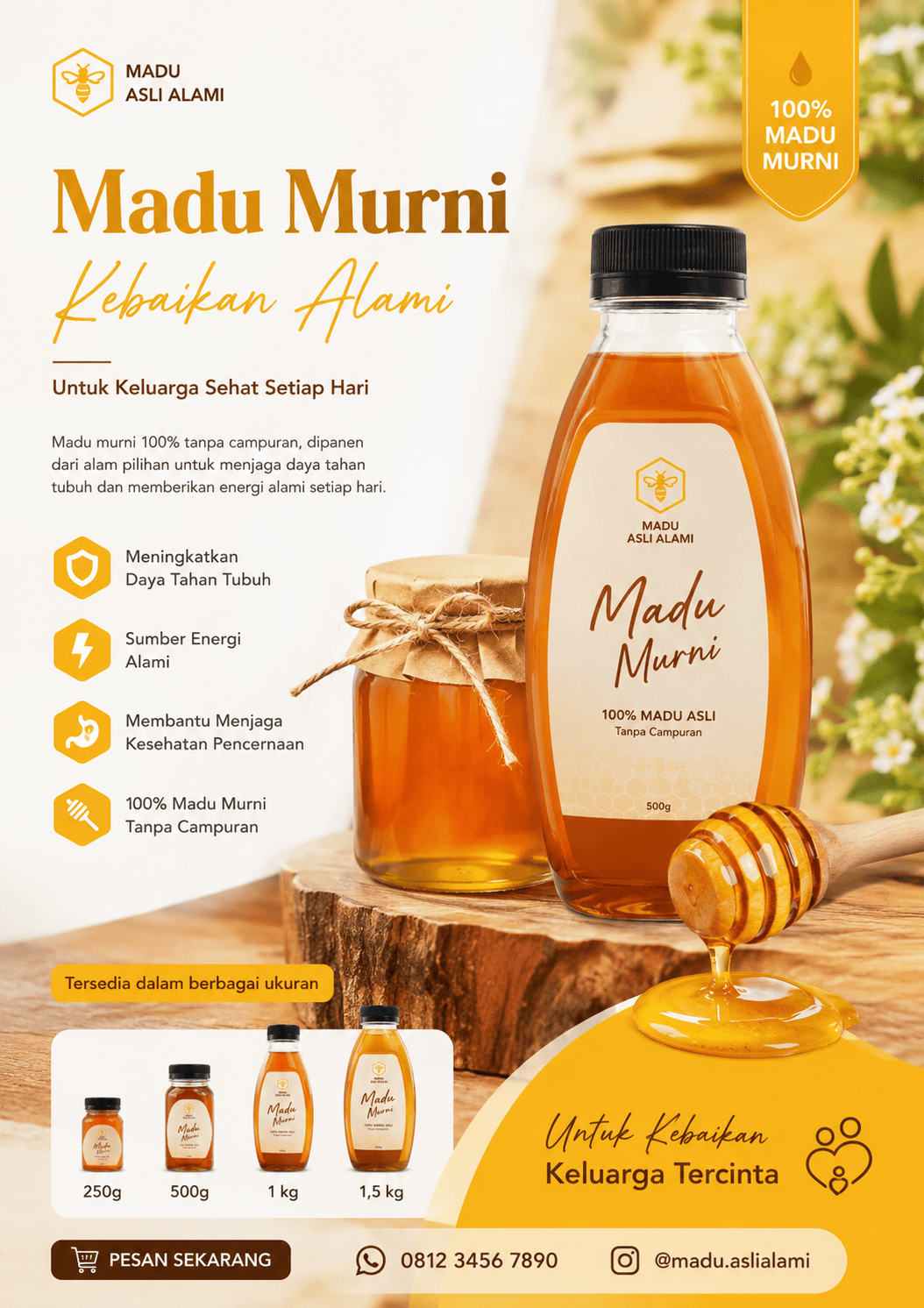 contoh brosur madu untuk usaha rumahan dengan desain kuning keemasan
