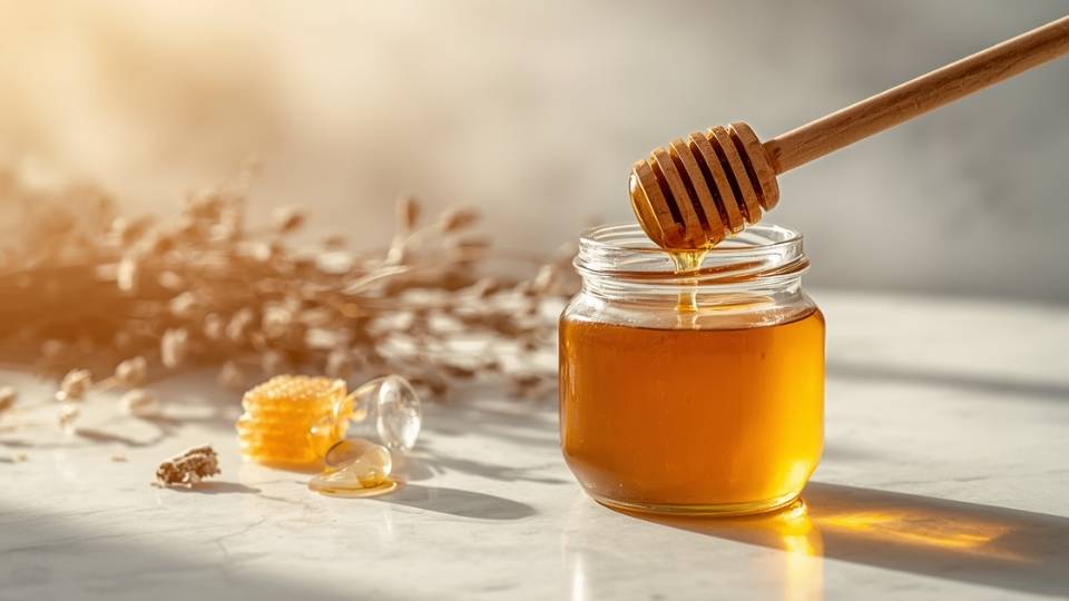Foto produk madu murni dalam botol kaca dengan cahaya keemasan menembus tekstur kental, sendok kayu meneteskan madu di atas meja marmer putih