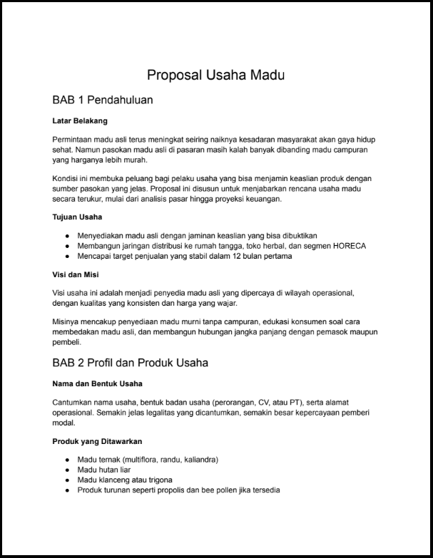 gambar contoh screenshot proposal usaha madu bab 1 & 2