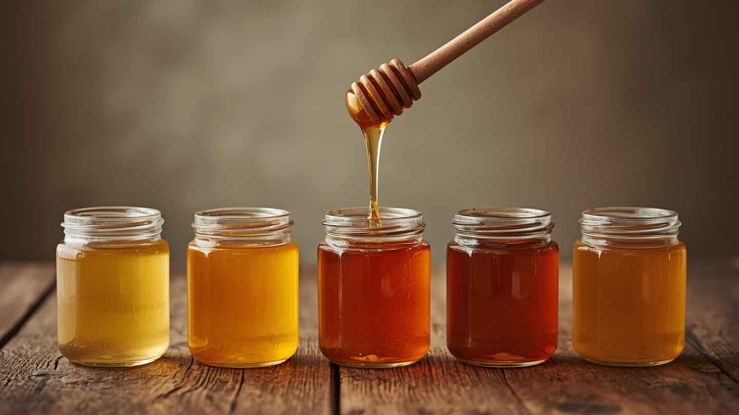 Lima jenis madu premium dunia dalam mangkuk kayu, dari madu Manuka berwarna gelap hingga madu Akasia yang jernih, disusun sebagai perbandingan madu terbaik di dunia