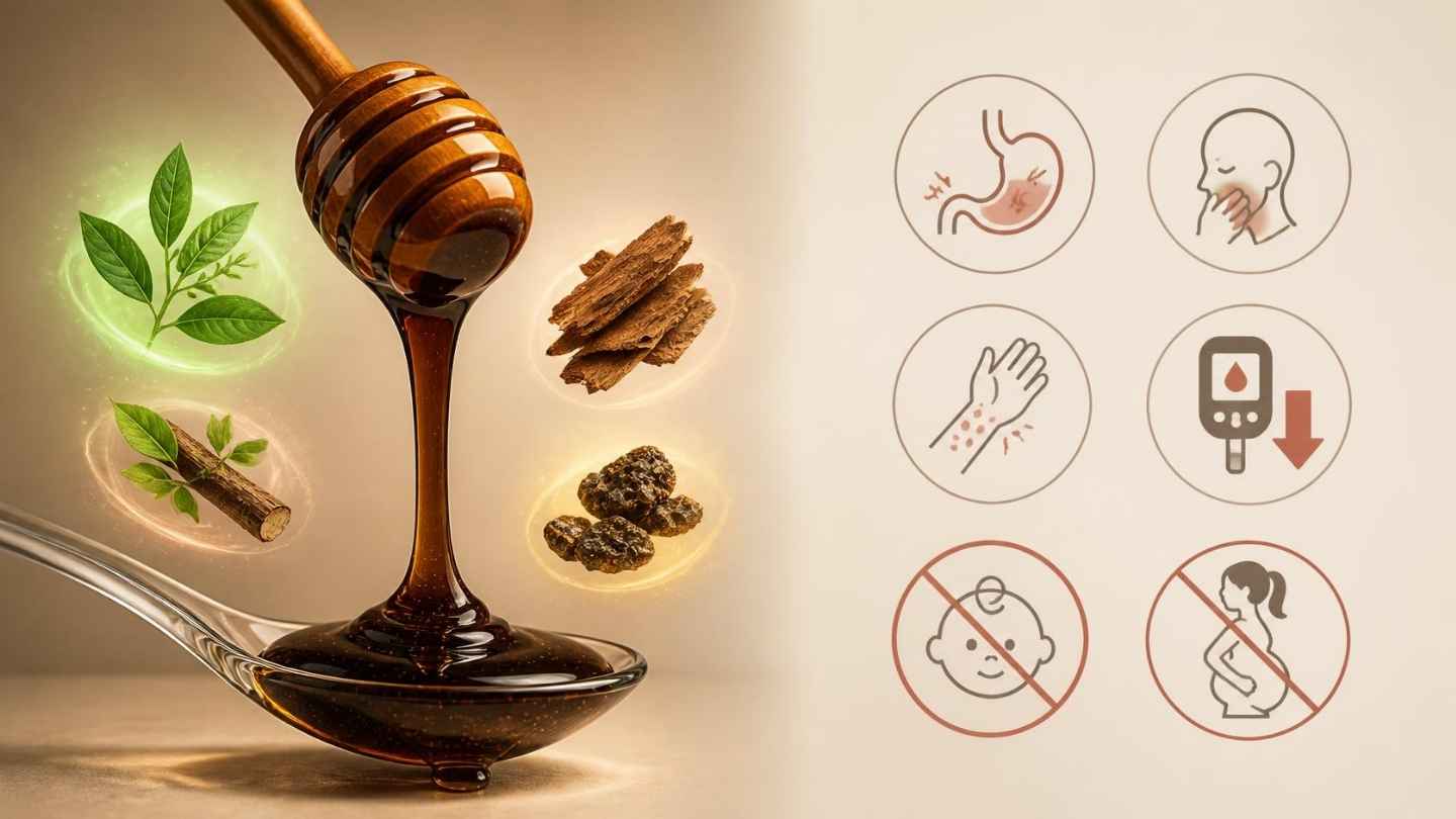 Ilustrasi campuran madu hitam pahit dengan bahan herbal (sambiloto, brotowali, mahoni, propolis) dan ikon efek samping (perut perih, mual, alergi, gula darah turun, larangan bayi/ibu hamil) — visual artikel efek samping madu hitam pahit