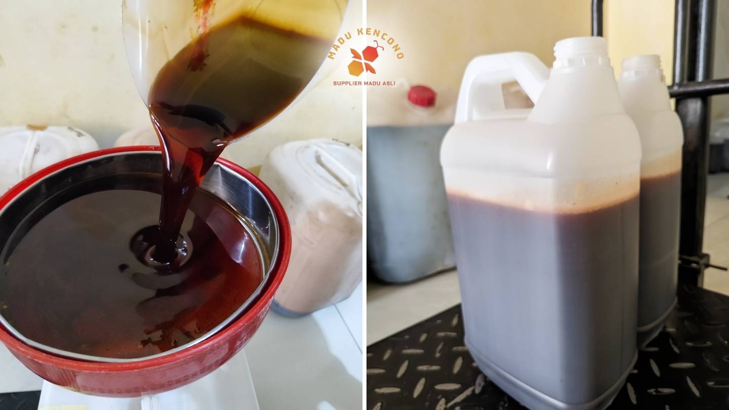 foto madu akasia jambi dituang ke loyang dan jerigen untuk dikirimkan ke pembeli