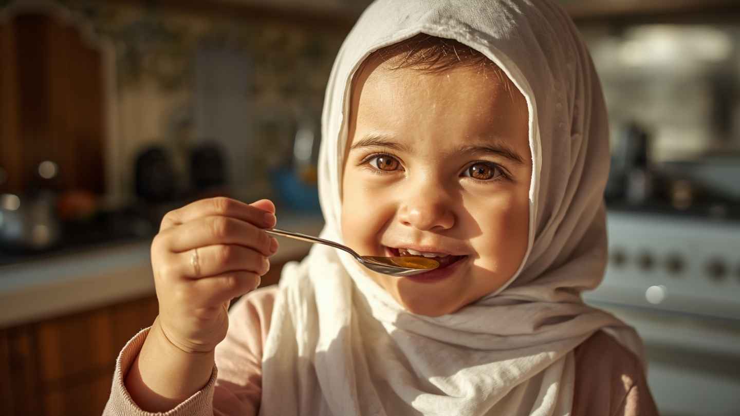 gambar anak umur 1 tahun lebih sedang minum madu menggunakan sendok teh