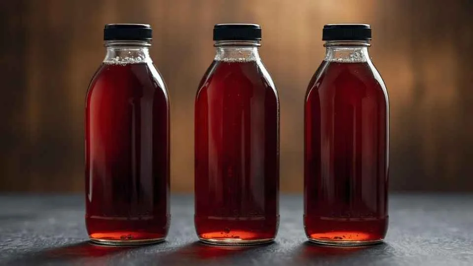 gambar madu akasia berwarna merah tua dalam botol