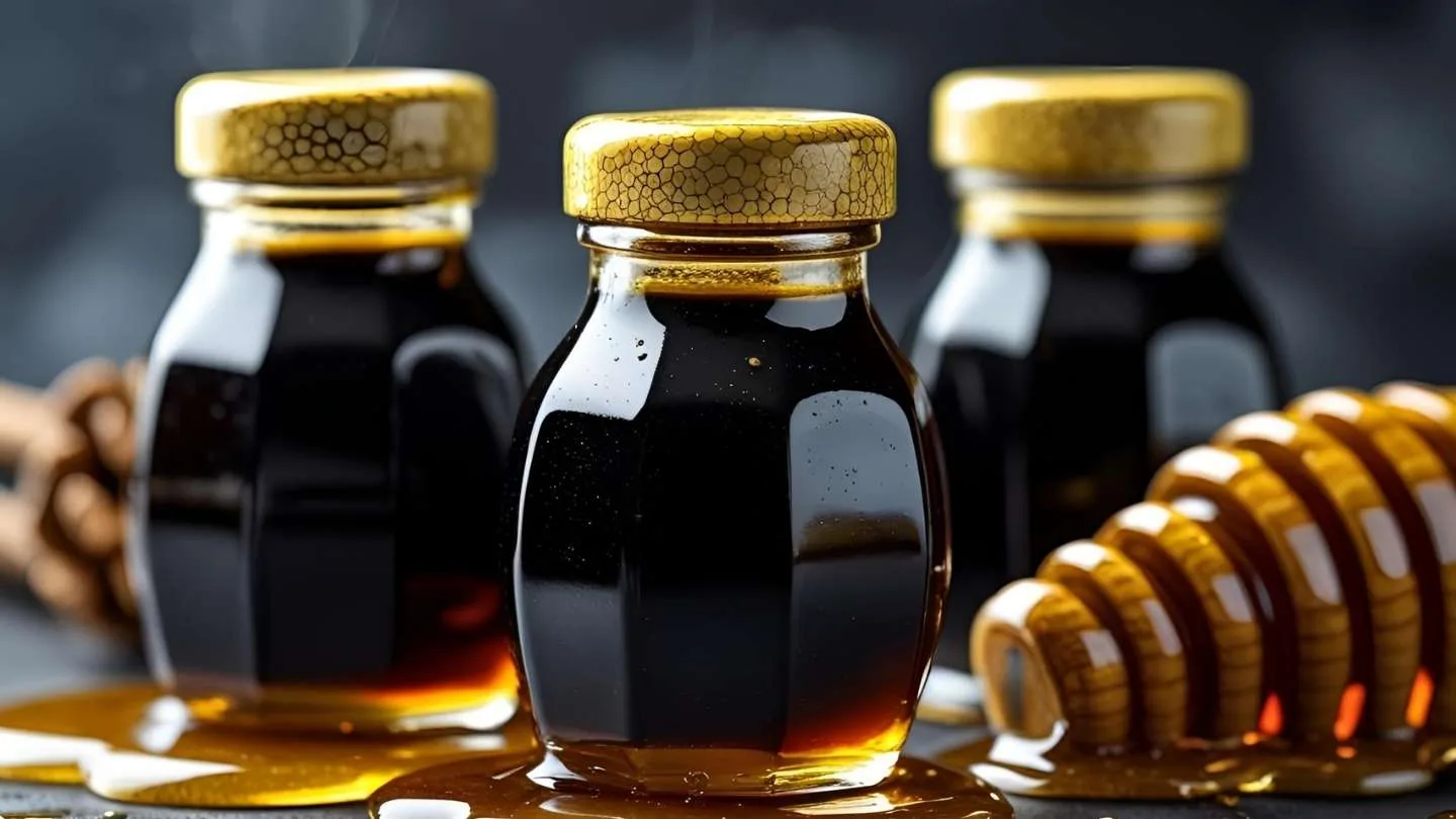 gambar madu hitam pahit asli dalam botol