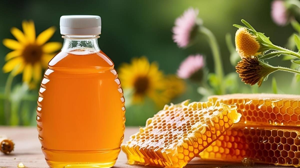 gambar madu multiflora dalam botol dan sarangnya