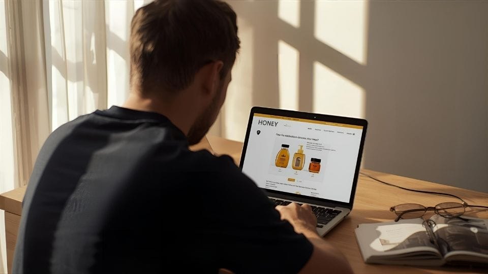 gambar pria dari belakang sedang bermain laptop memasarkan konten produk madu