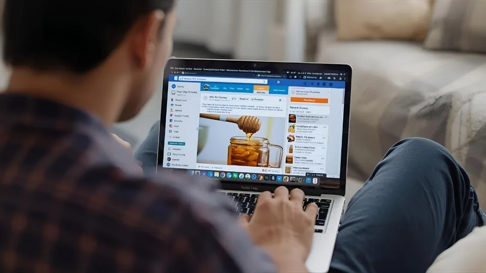 gambar pria dari belakang sedang bermain laptop memasarkan produk madu di facebook