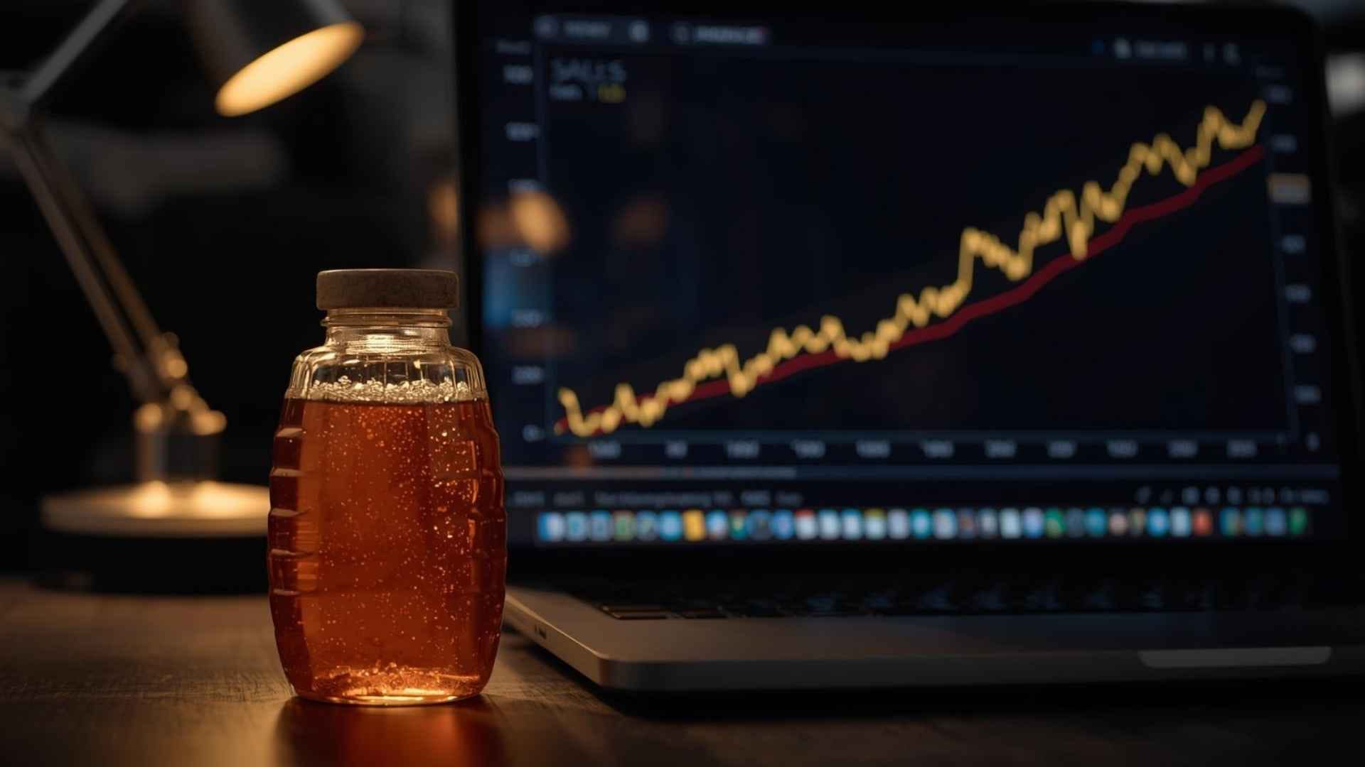 gambar produk madu dan layar laptop margin penjualan naik