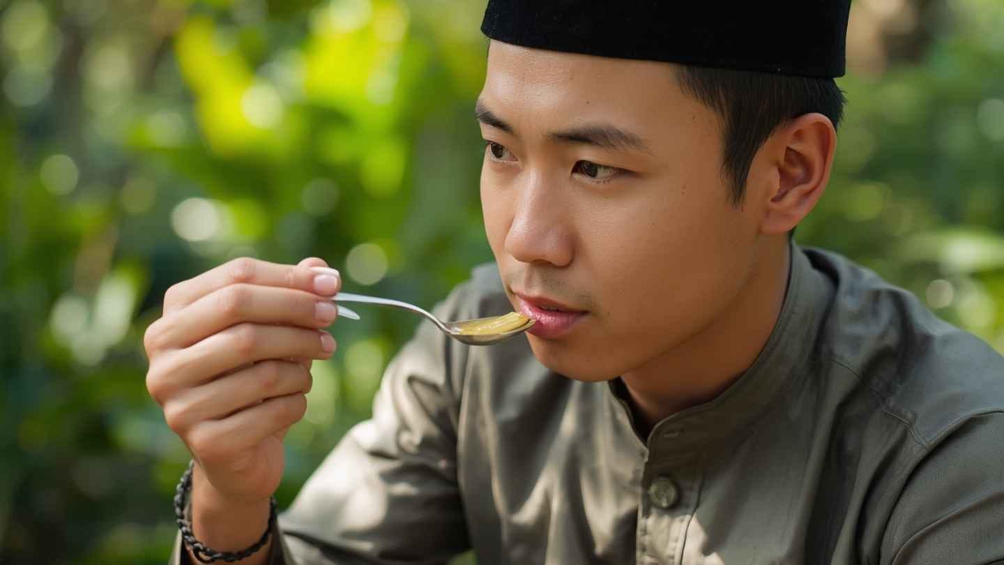 gambar seorang muslim sedang minum madu menggunakan sendok kecil