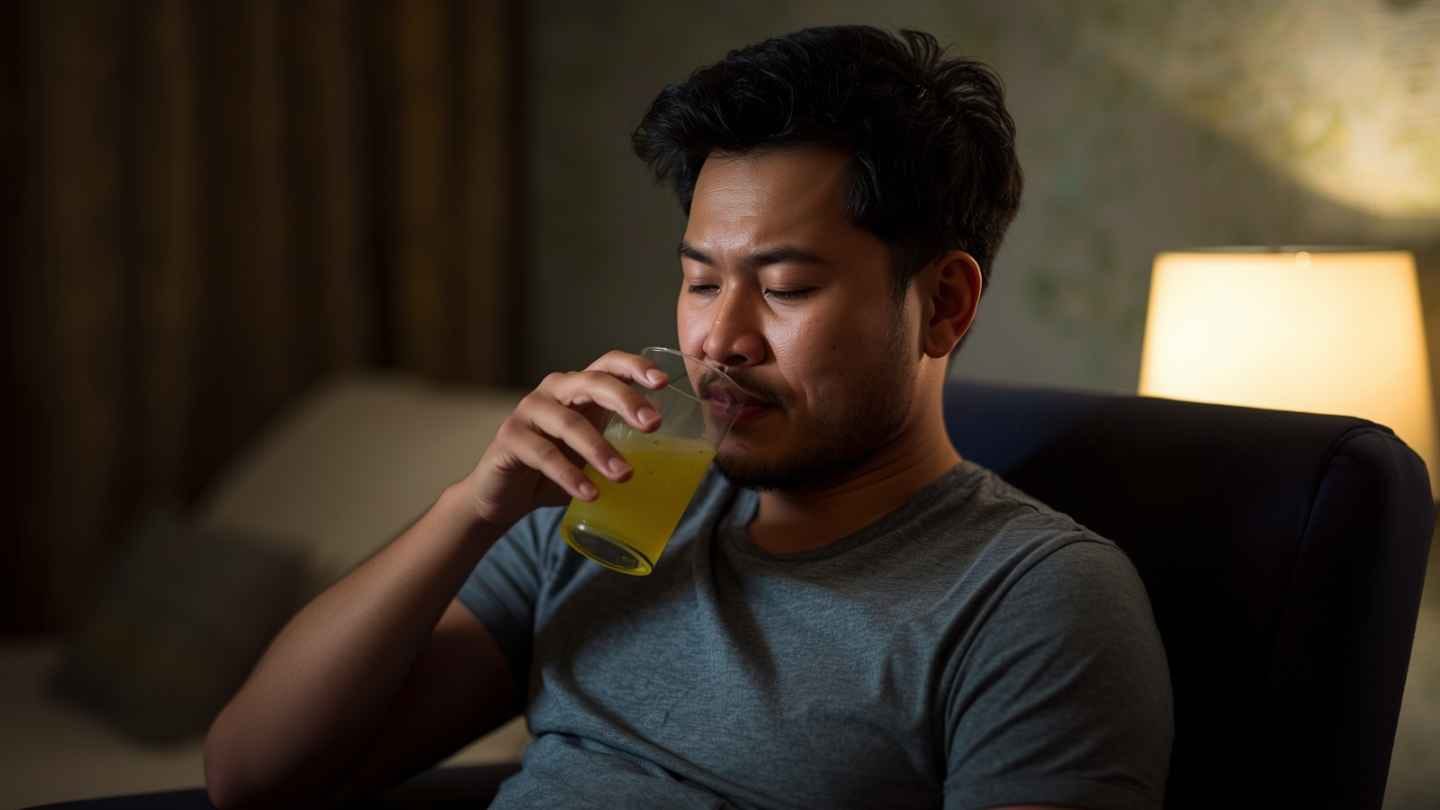gambar seorang pria minum air jeruk nipis campur madu sambil duduk sebelum tidur