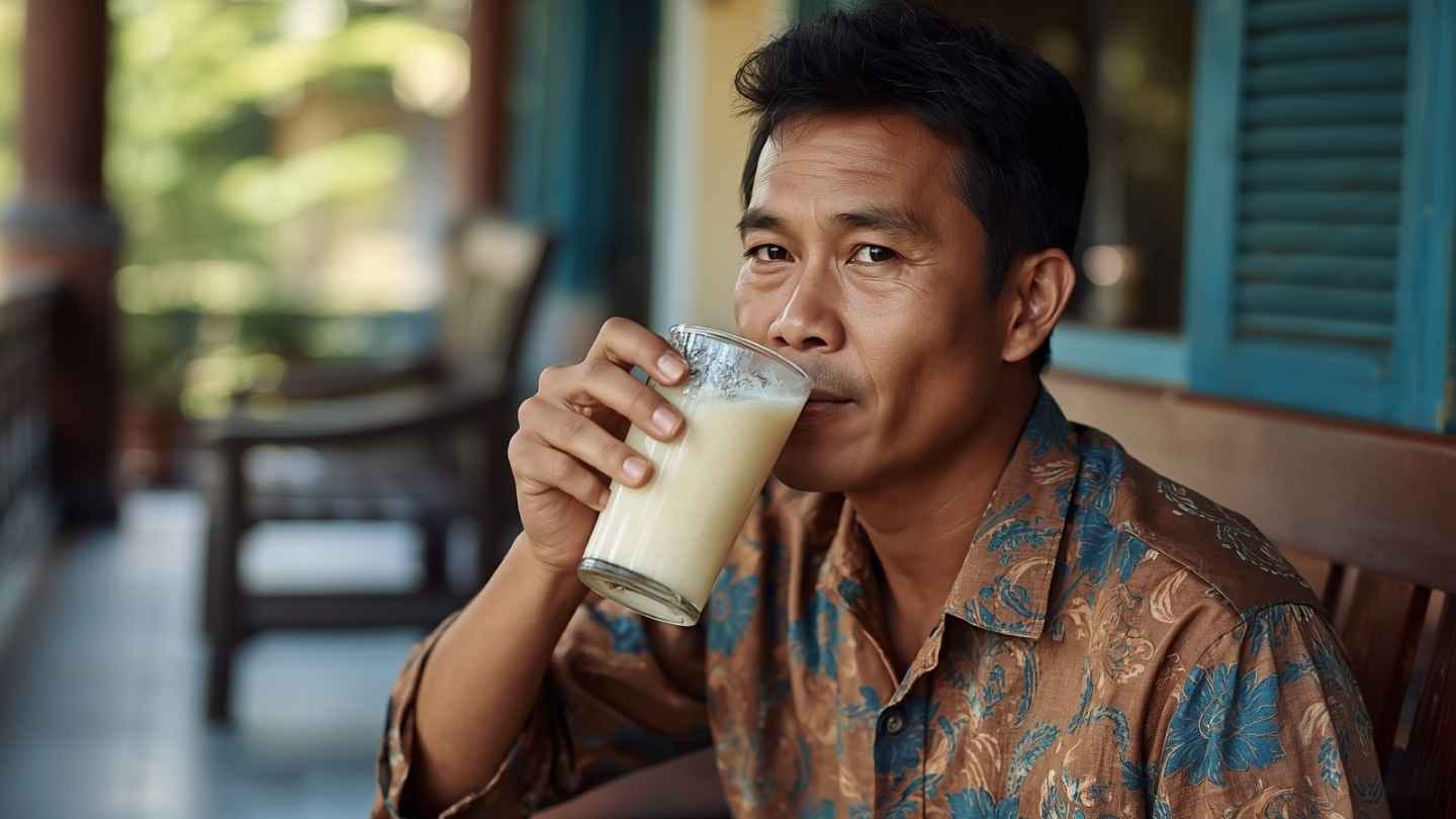 gambar seorang pria sedang minum stmj telur bebek