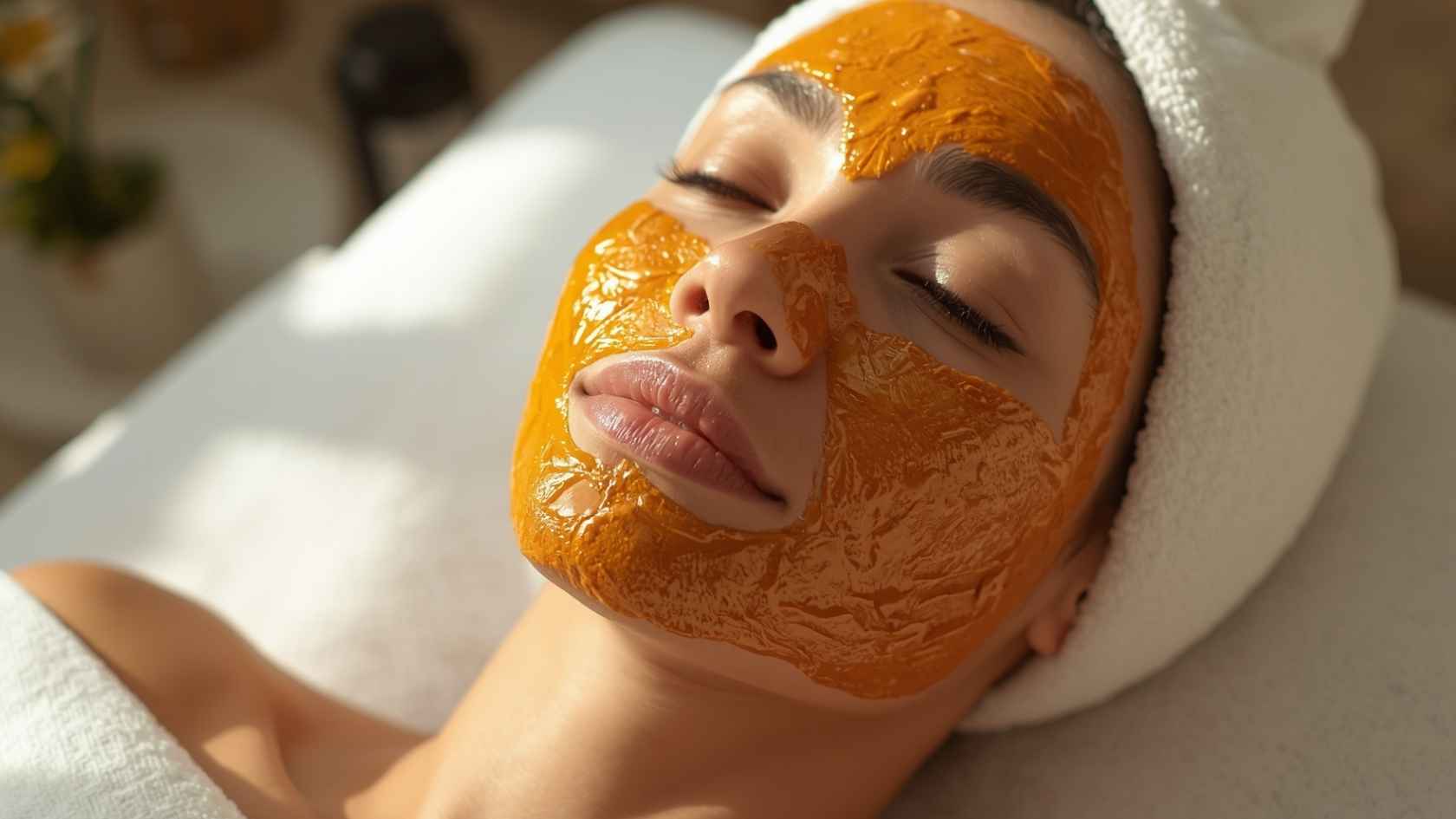 gambar seorang wanita menggunakan masker kunyit campur madu