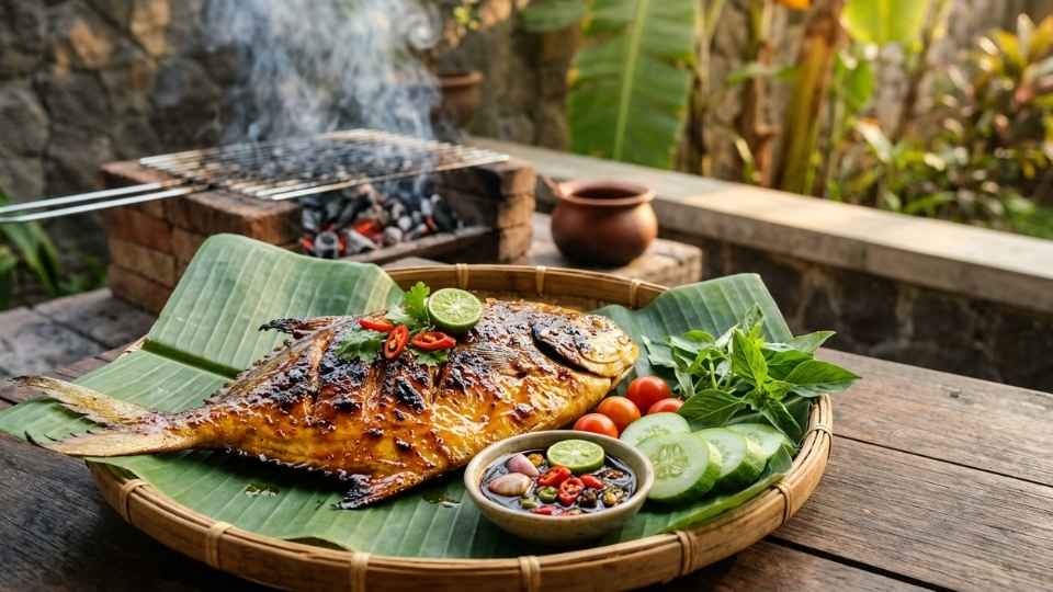 Ikan bawal bakar madu dengan warna karamel keemasan disajikan dengan lalapan