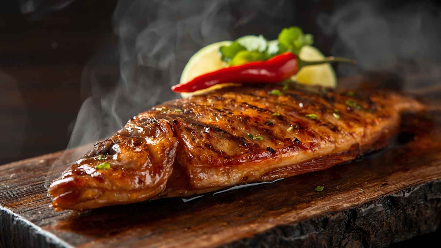 Ikan nila bakar madu dengan olesan mengkilap anti gosong di atas talenan kayu