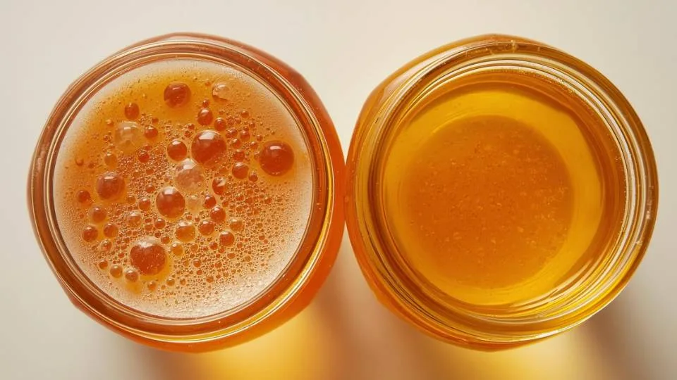 ilustrasi contoh gambar madu mentah dan madu supermarket