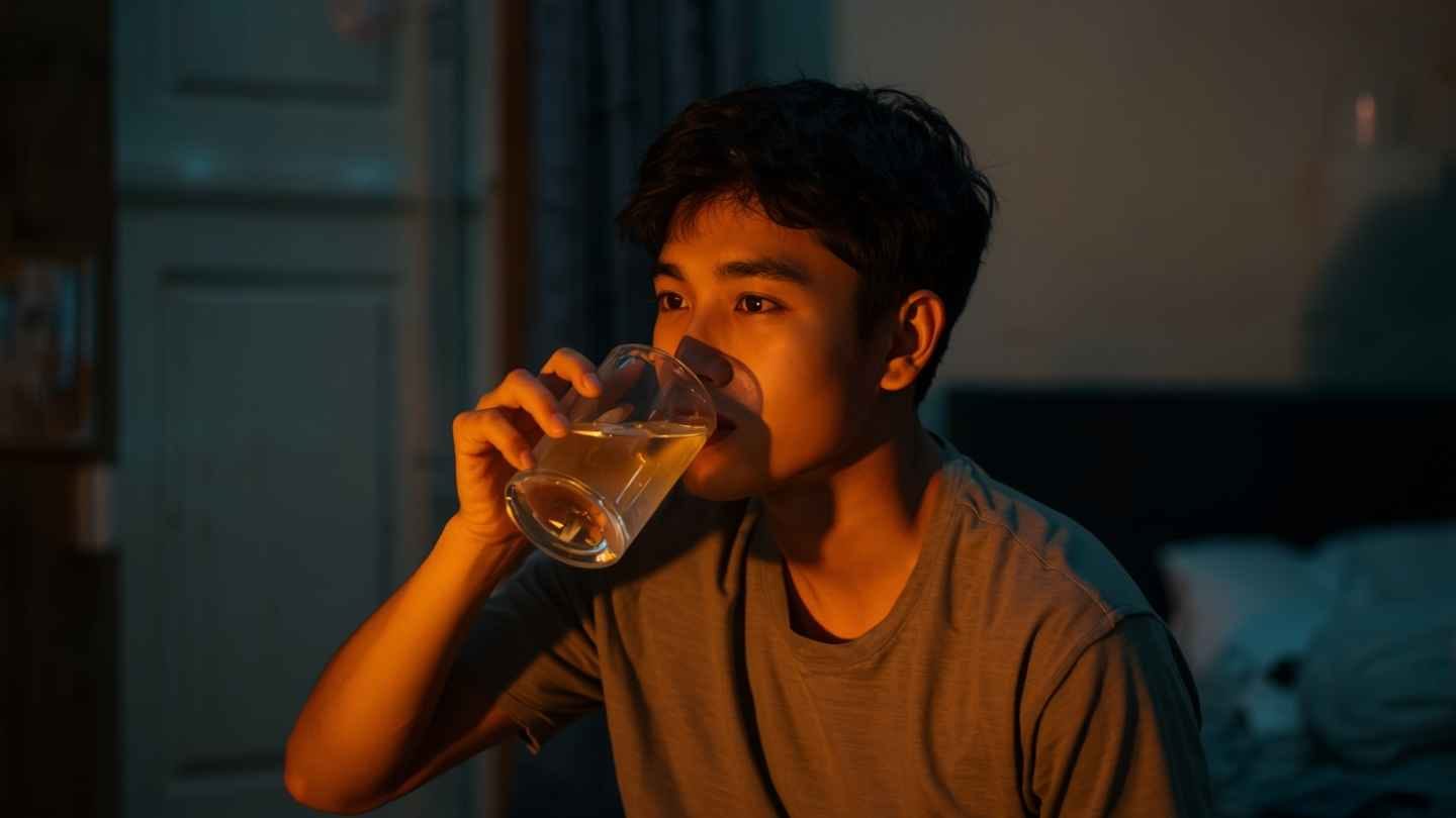 ilustrasi gambar anak muda sedang minum madu dengan air hangat sebelum tidur