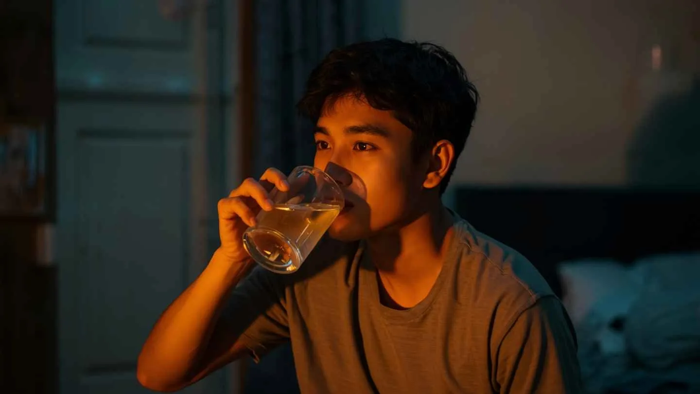 ilustrasi gambar anak muda sedang minum madu dengan air hangat sebelum tidur