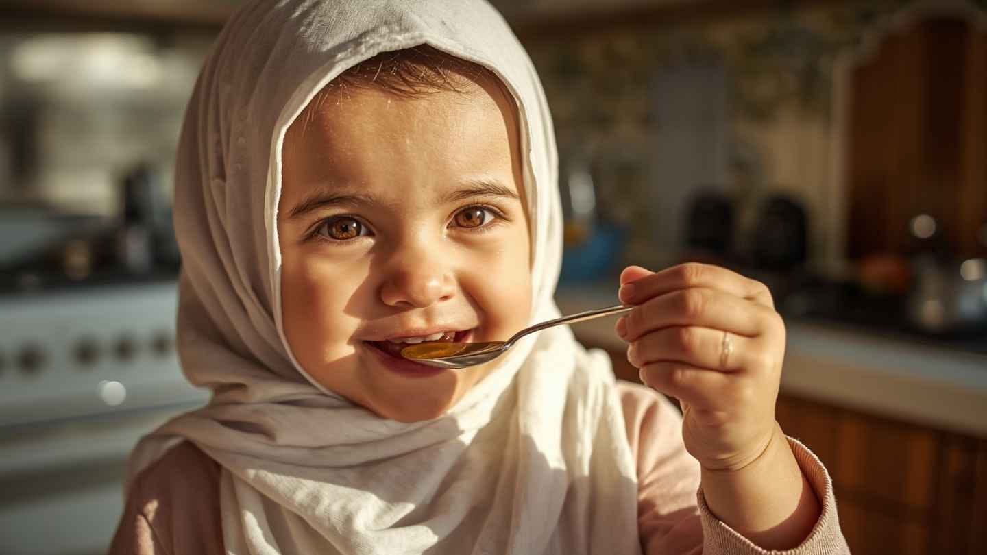 ilustrasi gambar balita perempuan sedang minum madu menggunakan sendok kecil