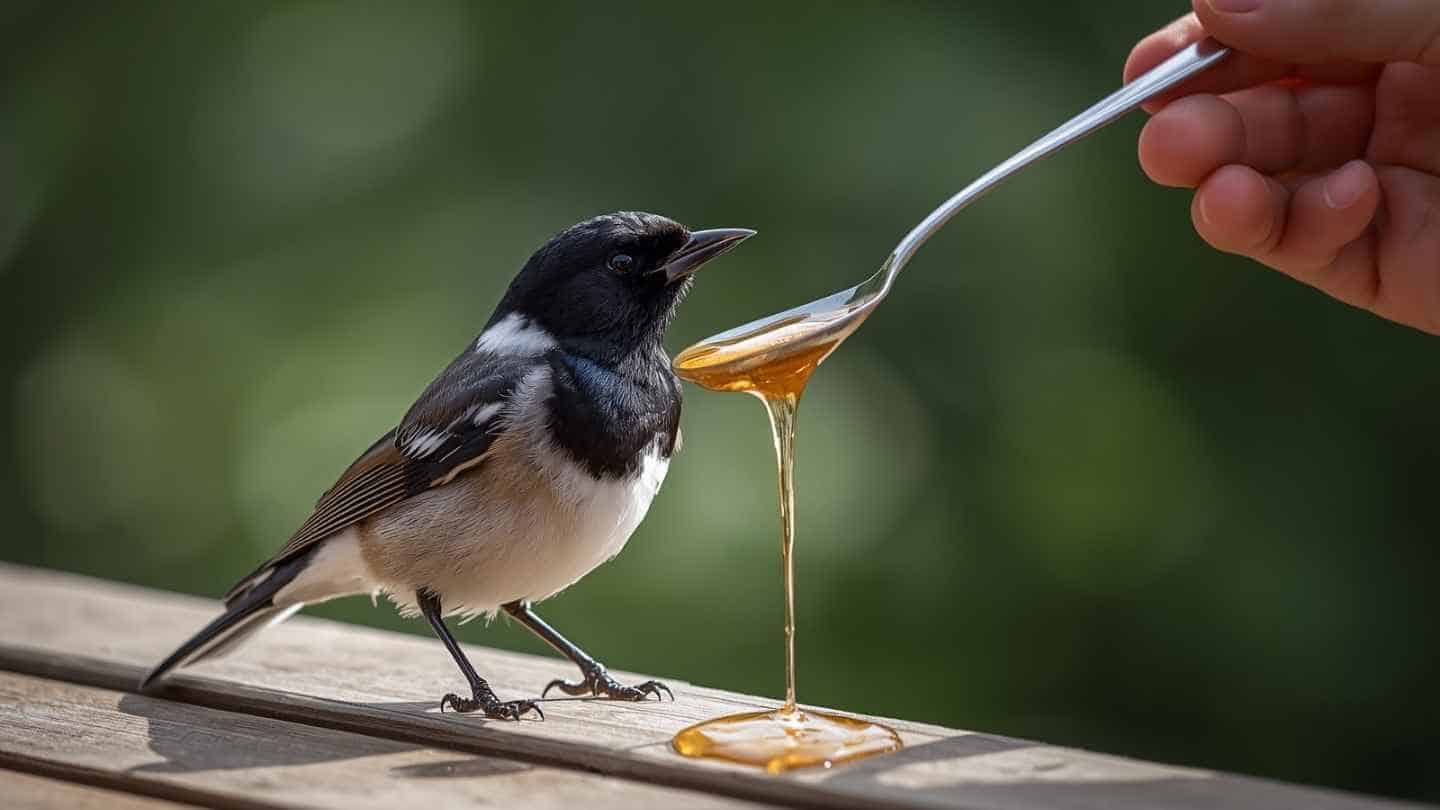 ilustrasi gambar burung murai batu sedang disuapi madu pakai sendok