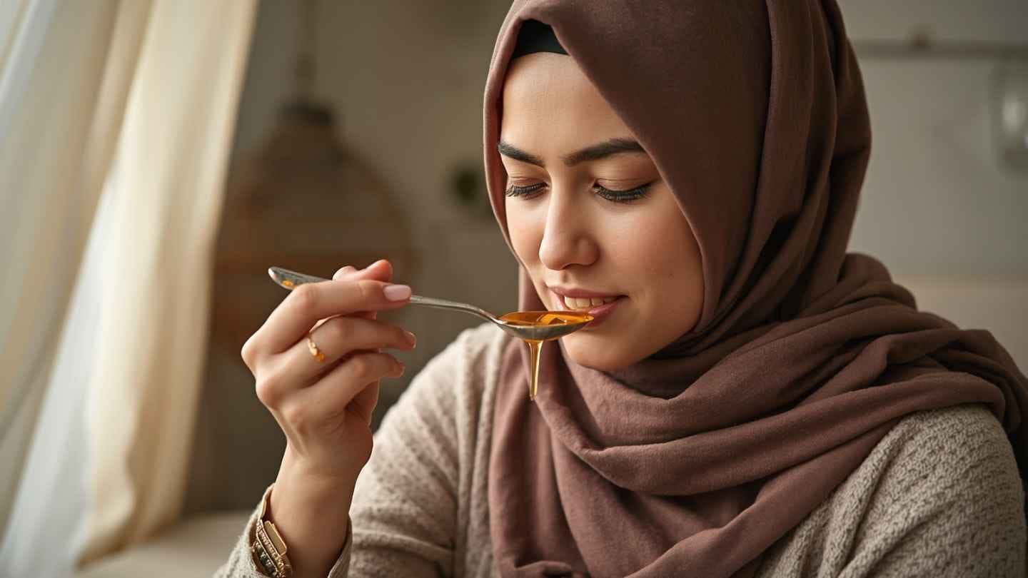 ilustrasi gambar ibu hamil sedang minum madu menggunakan sendok
